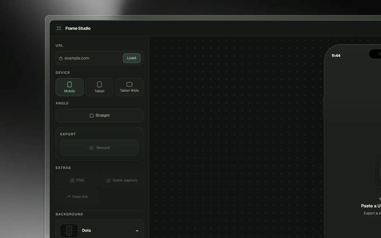 Frame Studio · app loaded in a device frame